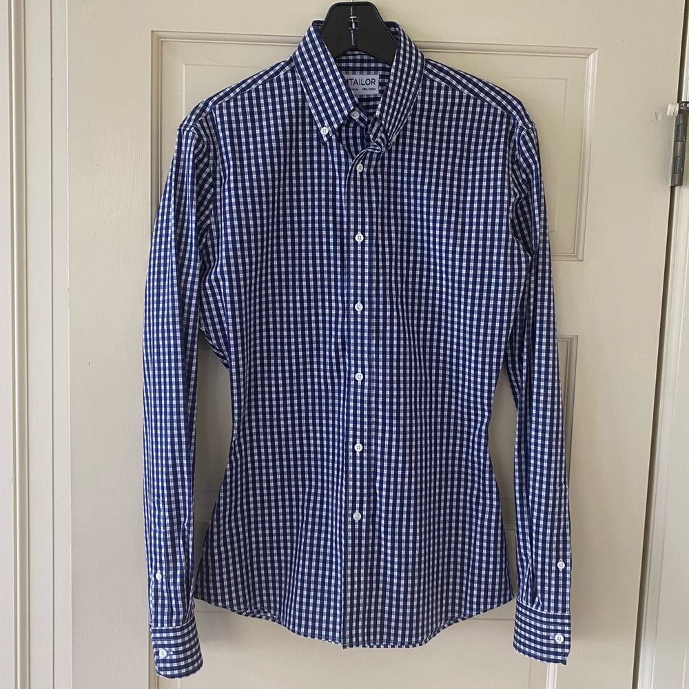 MTailor Navy Checkered Dress Shirt Slim Sz M